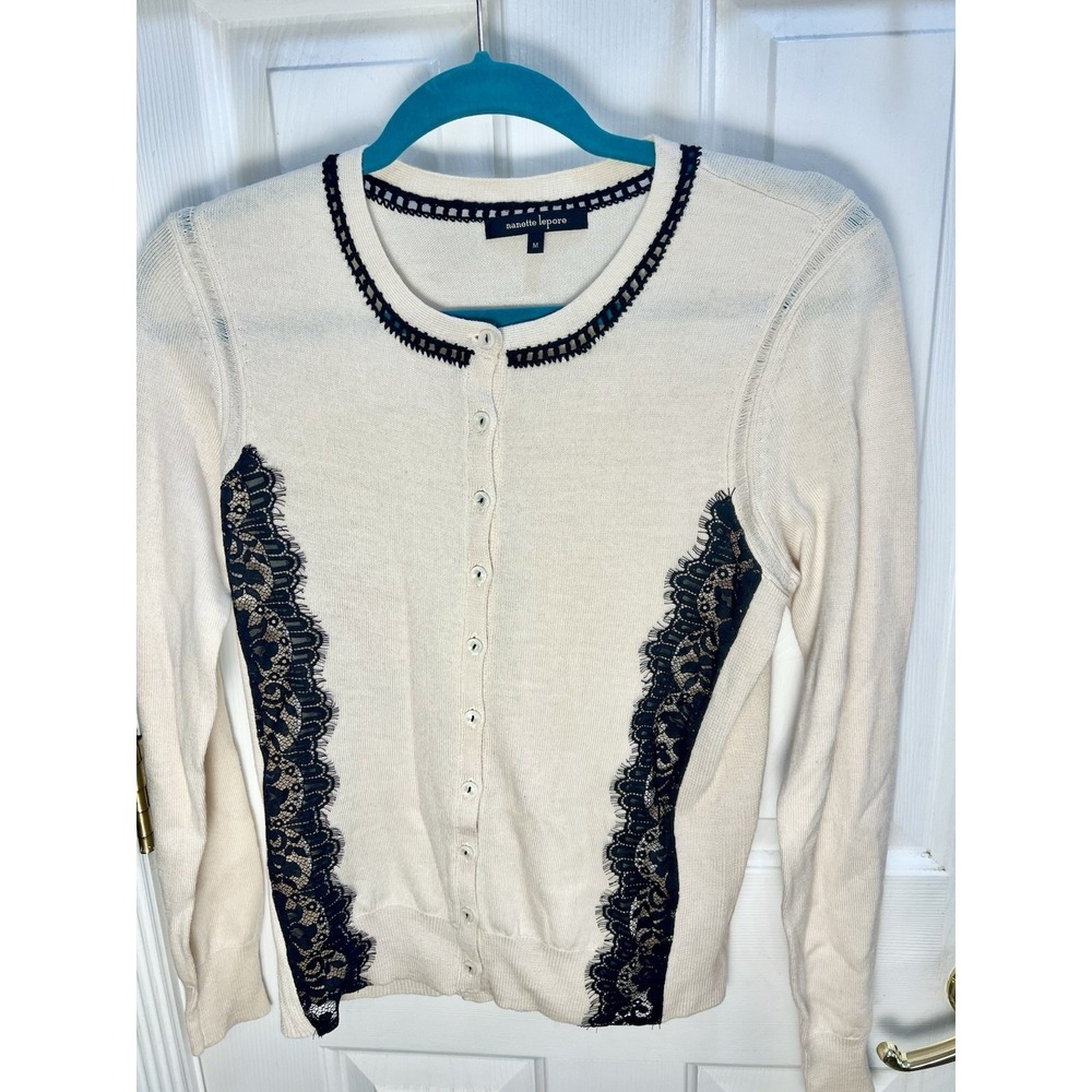 Nanette Lepore Cardigan Sweater Embellished Lace Merino Wool M Pale Pink Twee
